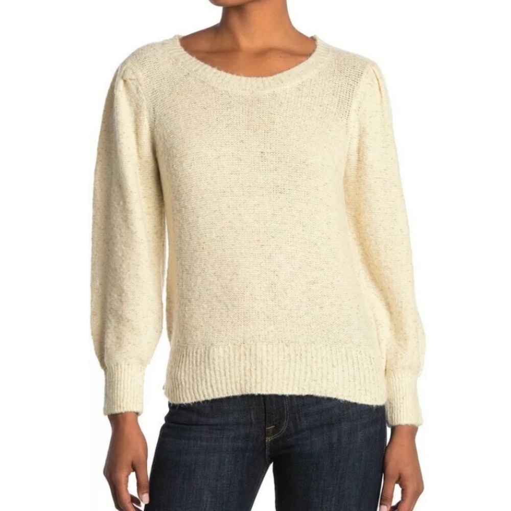 Love by Design Metallic Knit Puff Sleeve Round Neck Sweater Beige Women Small
